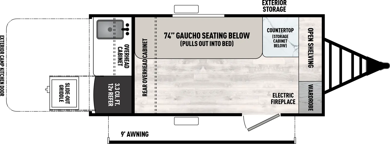 The Viking 9000 Series & 12000 Series 9000ROK floorplan has one entry and zero slide outs. Exterior features include: metal exterior, 9' awning and outside kitchen. 